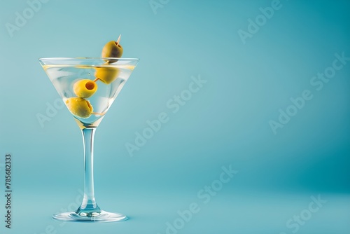 Martini cocktail with olives on a blue background. Trendy summer drink concept. Refreshing beverage. Design for banner, poster with copy space. Minimalistic composition