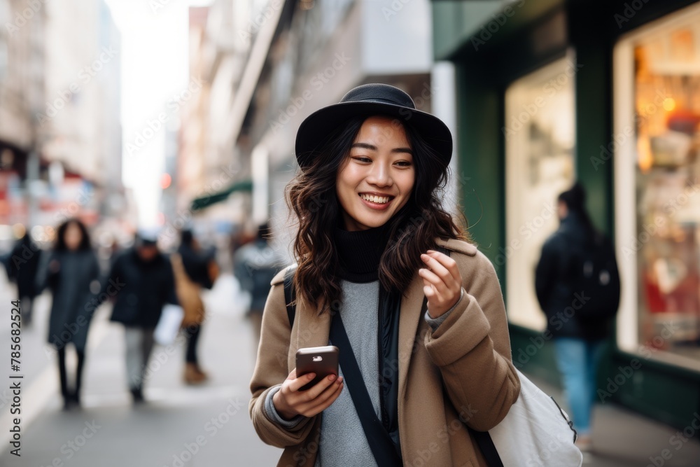 Fototapeta premium Smiling Woman Texting on Smartphone in the City. Cheerful young lady using her phone on a bustling city street.