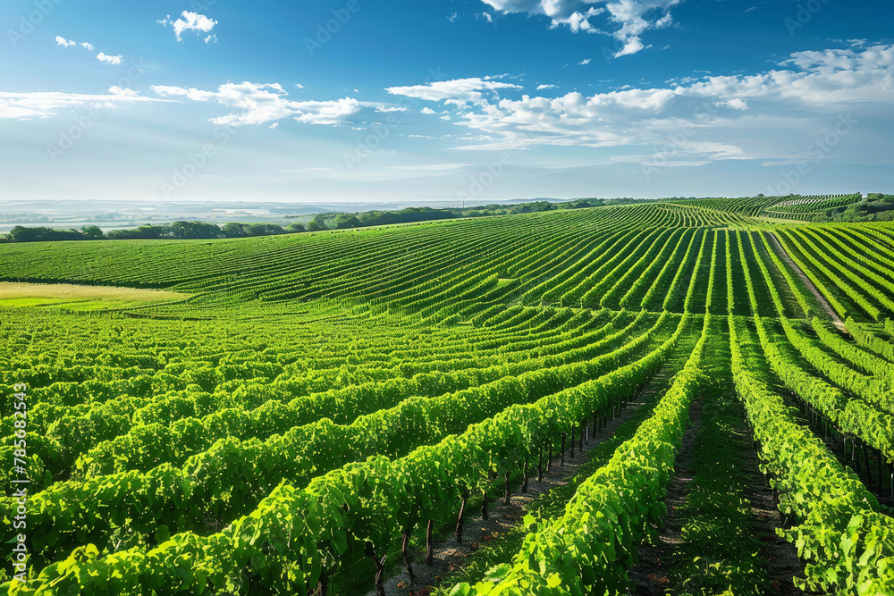 A vineyard with rows of green vines. The vines are growing in a straight line and are very green