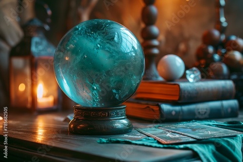 Crystal ball on table with esoteric attributes