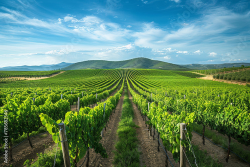 A vineyard with rows of green vines and a blue sky in the background