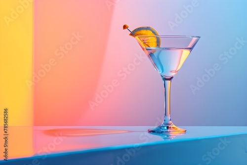 Martini cocktail on gradient iridescent background. Trendy summer drink concept. Refreshing beverage. Design for banner, poster with copy space