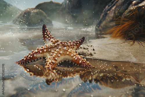 A starfish is floating in the water near some rocks. The water is murky and the starfish is partially visible photo