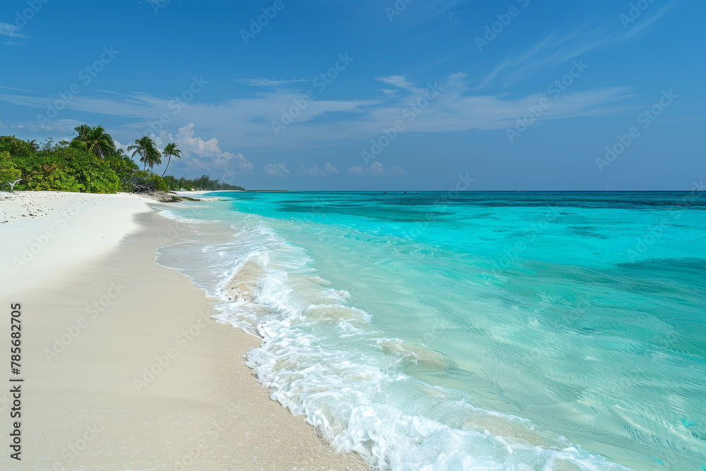 A beautiful beach with a clear blue ocean and a few trees in the background. The sky is mostly clear with a few clouds scattered around. Scene is peaceful and relaxing, perfect for a day at the beach
