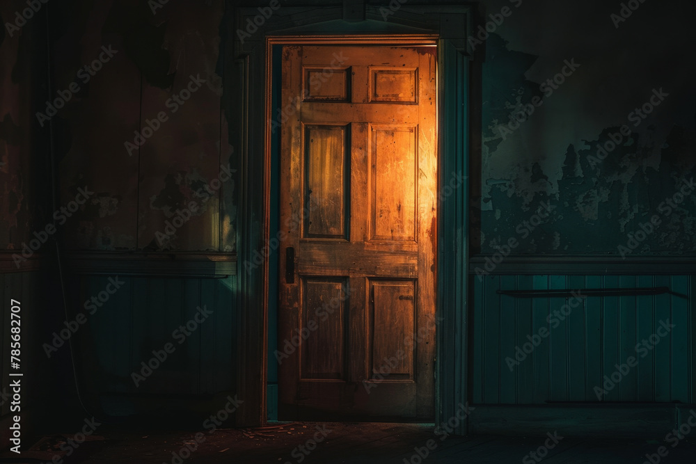 A door is open in a dark room with a window. The light shining through the window casts a warm glow on the door
