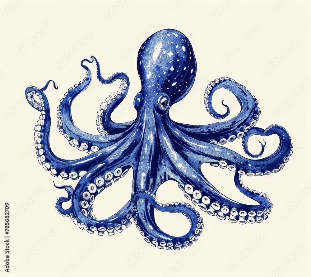 Obraz premium Japanese Woodblock-Inspired Blue Octopus Drawing Generative AI