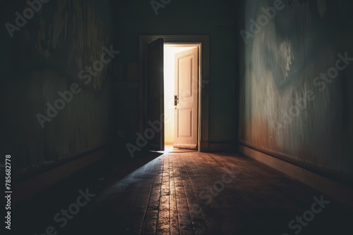 A dark hallway with a white door that is open. The light shining through the door creates a sense of hope and possibility © mila103