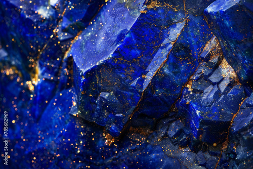 A blue rock with gold specks on it. The rock is rough and jagged. The blue color of the rock is very striking and stands out against the background photo