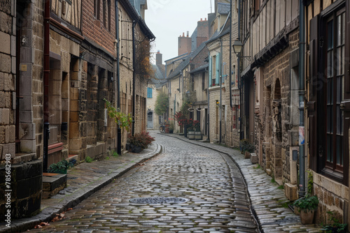 A narrow cobblestone street with a row of houses on either side. The houses are painted in different colors, and the street is lined with potted plants. The atmosphere is cozy and quaint