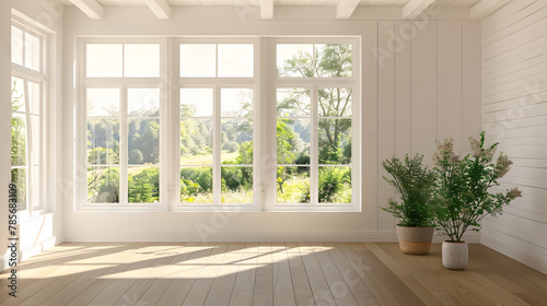 White empty room with summer landscape in window. Scandinavian interior design. 3D illustration