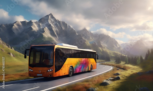 Passenger bus on the road against a mountainous background
