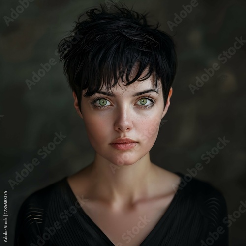 Close-up portrait of a beautiful young brunette woman in a dark dress with short hair
