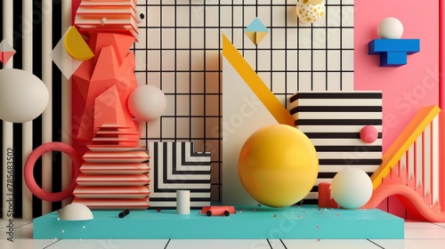 Memphis style design with 3d geometric shapes AI generated illustration