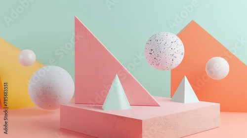 Minimalist 3d render of floating geometric forms in a Memphis style AI generated illustration