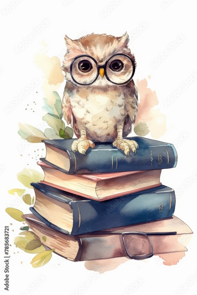 Whimsical Watercolor Painting of Bespectacled Baby Owl on Books Generative AI