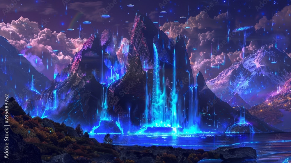 Surreal floating mountains with luminous waterfalls and bioluminescent fungi   AI generated illustration