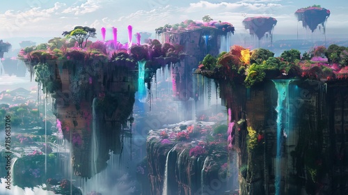 Surreal floating islands with cascading waterfalls and neon-colored vegetation   AI generated illustration photo