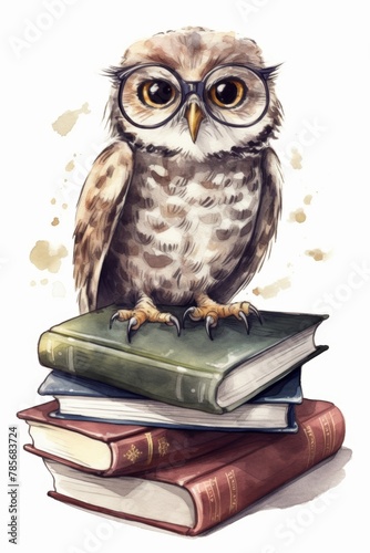Wallpaper Mural Scholarly Owl with Spectacles on Books - Watercolor Illustration Generative AI Torontodigital.ca