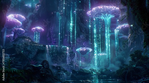 Surreal floating mountains with luminous waterfalls and bioluminescent fungi  AI generated illustration photo