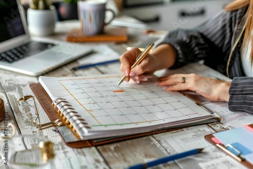 Busy Woman Organizing Schedule and Events in Calendar