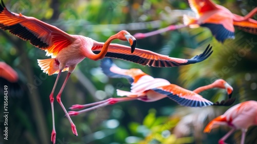 Vibrant flamingos in midair   AI generated illustration