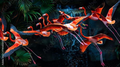Vibrant flamingos in midair  AI generated illustration photo