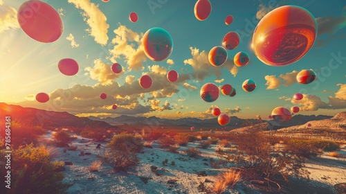 Vibrant floating orbs in a surreal desert landscape   AI generated illustration