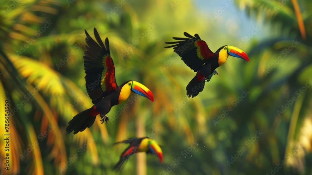 Naklejka premium Vibrant toucans in midair AI generated illustration