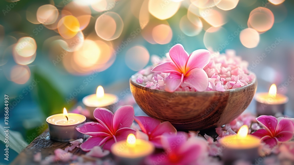 Salt in a wooden bowl with pink flowers and candles on a table