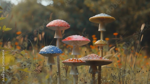 Whimsical mushrooms on flying disks AI generated illustration