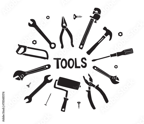 A haushold Tools set in doodle style. Hand drawn illustration of different type of equipment for repair like a Hammer, Screwdriver, Axe, saw and Drill.