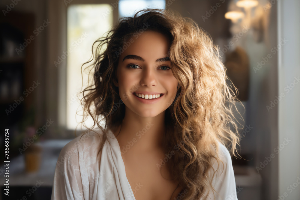 portrait of a beautiful girl in a home interior, wearing a T-shirt portrait of a beautiful girl in a home interior, wearing a T-shirt