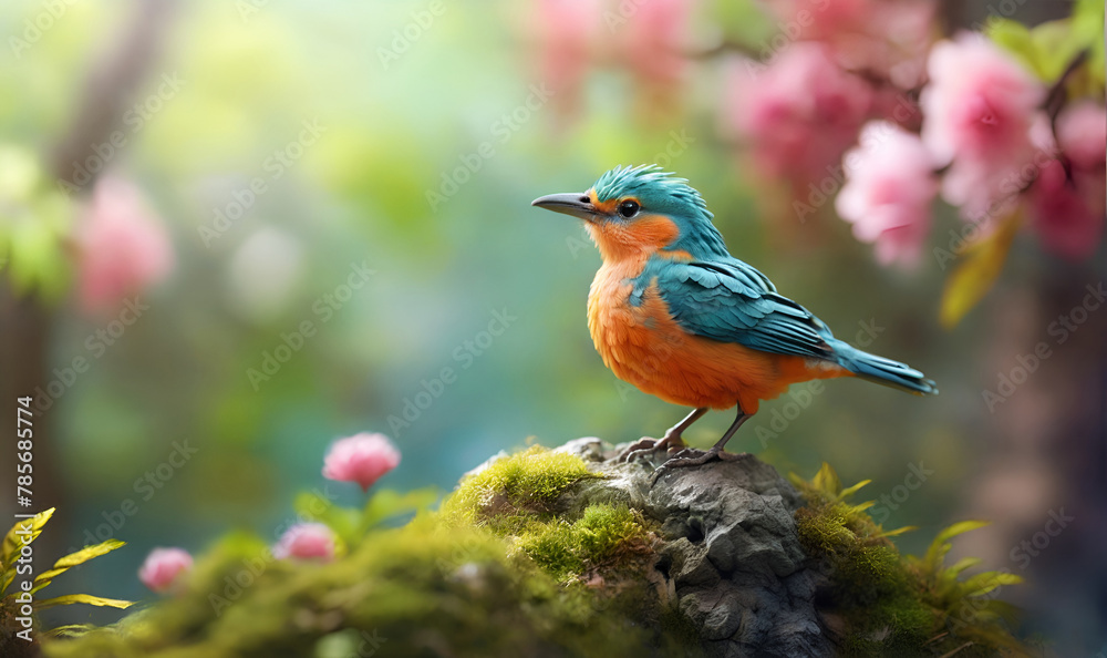 Small bird with colorful plumage, on the background of a spring forest of grass flowers
