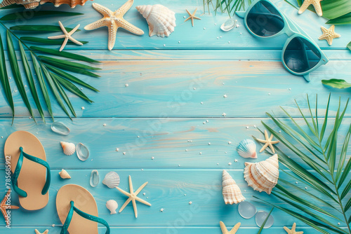 Summer Beach Vacation Accessories Laid Out on Turquoise Wooden Background