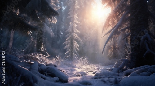 beautiful winter landscape, snow covered glade in a forest with morning light, beautiful nature