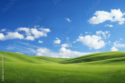 A beautiful  perfect landscape with green grass on hills and green fields. The sky is filled with white clouds and bright sunlight. There are also shadows that create a sense of depth and realism.