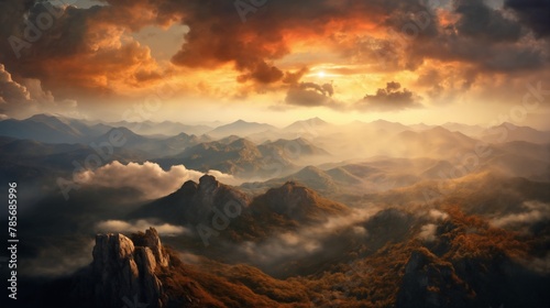 a beautiful landscape with mountains at sunset, sunlight in a dramatic sky with clouds, beautiful nature