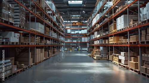 Retail warehouse full of shelves with cardboard boxes and packages. Logistics, storage, and delivery industrial background.