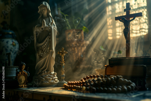 ethereal photo of a selection of Catholic items including a statue of the Mary, a crucifix, and a rosary, soft light, radiating divine presence and grace,
