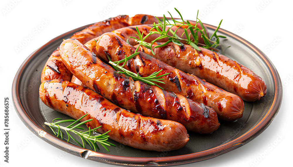 Plate with delicious grilled sausages on a white background Plate with delicious grilled sausages on a white background