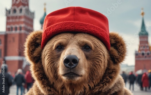 Winter Whimsy: Ushanka-Clad Brown Bear at Moscow's Red Square photo