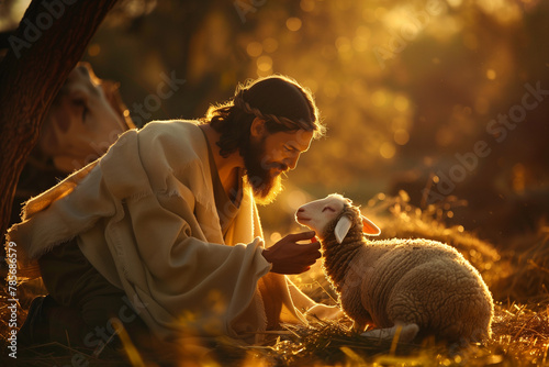 tender moment of Shepherd Jesus Christ rescuing a lost lamb, illuminated by soft light, highlighting his unfailing love and commitment to each member of his flock, photo