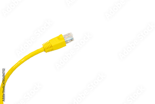 A yellow network cable is shown on a white background. Concept of technology and modernity