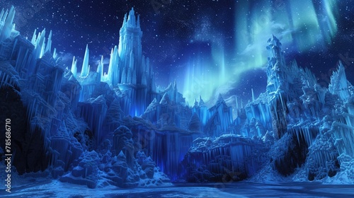 A magical winter wonderland at night, with ice castles, aurora borealis in the sky, and mystical creatures wandering in the snow-covered landscape. C. Resplendent. photo