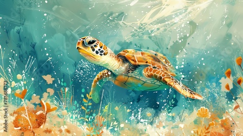 Minimalist Watercolor Illustration of a Playful Turtle Swimming Generative AI © Alex