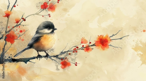 Joyful Japanese Titmouse in Minimalist Watercolor Illustration Generative AI photo