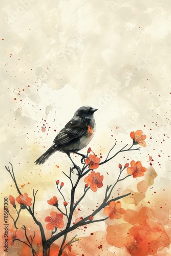 Fototapeta Naklejka Na Ścianę i Meble -  Whimsical Watercolor Illustration of Sparrows and Flowers Generative AI
