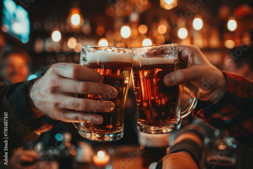 Closeup of hands toasting with beer glasses at a pub party Generative AI