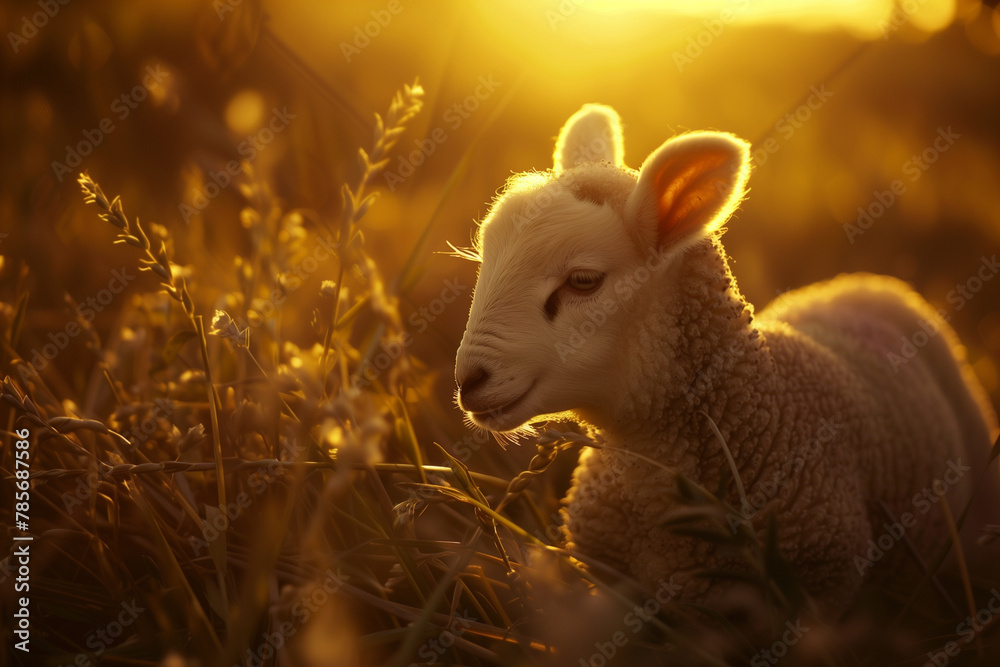 Obraz premium photo depicting a lamb peacefully grazing in a pastoral setting, illuminated by soft light, serving as a poignant reminder of the biblical references to lambs as symbols of peace a
