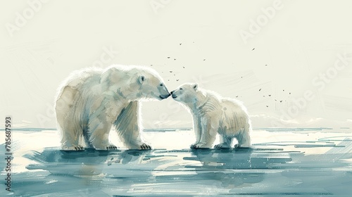 Loving Polar Bear Family in Minimalist Watercolor Generative AI